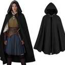 Women's Hooded Velvet Cloak, Renaissance Medieval Buckle Cape,Halloween Costume Cloak, One Size(Black)