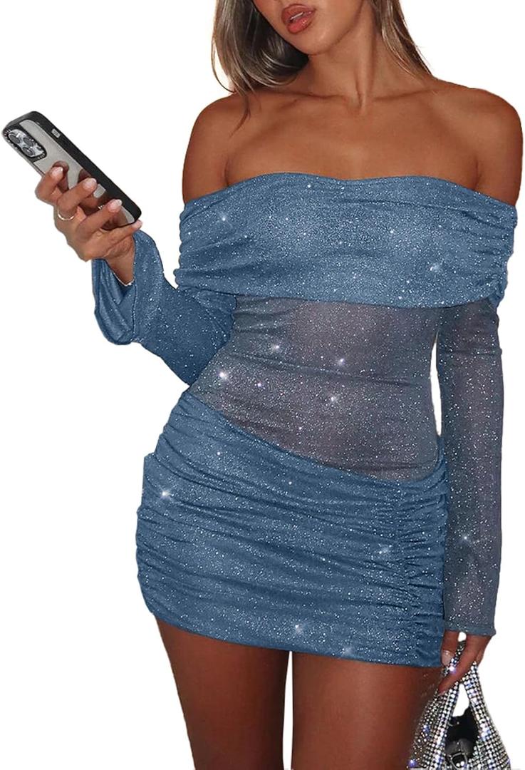 Women Sexy Off Shoulder Bodycon Mini Dress Mesh Sheer Ruched Sparkly Flared Long Sleeve Y2K Dress Club Night Out Dresses (Medium, Light Blue (1 Or 2 Size Up)