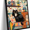 Framed Vintage Cat Canvas Wall Art, Funny Pink Animal Reading Books Painting Picture Print, Cute Kitten Lovers Aesthetic Wall Decor for Nursery Girls Room Bedroom Kids Room 16''L x 12''W