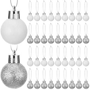 Mini Glitter Christmas Ball Ornament Xmas Tree Decorations Miniature Plastic Hanging Balls for Christmas Tree Holiday Decor (Silver, White)