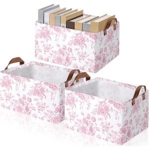 Boao 3 Pcs Pink Floral Foldable Storage Baskets Pink Hydrangea Laundry Basket with Handles Waterproof Storage Bins Fabric Shelf Baskets for Organizing Closet Clothes (15 x 11 x 8 Inches)