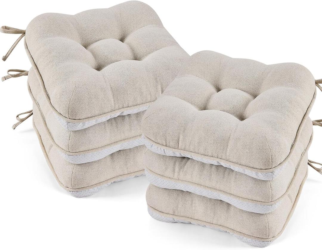 BETU Chair Cushions for Dining Chairs Set of 6,3.5" Thick Kitchen Table Chair Pads with Ties,Non Slip Backing and Covers, Seat Cushion for Dining Room,Bar,Patio Chairs,15.5"X15.5"X3.5",Beige