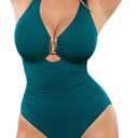 SHAPELLX Tummy Control Swimsuits One Piece V Neck Slimming Bathing Suit for Women Cutout Ruched Shapewear Swimwear, Green XL