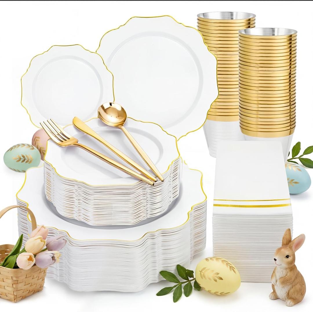 WDF 350PCS White and Gold Plastic Plates - Gold Plates Disposable 50Guest Plastic Dinnerware Ideal for Party/Wedding/Birthday/Ramadan/Easter