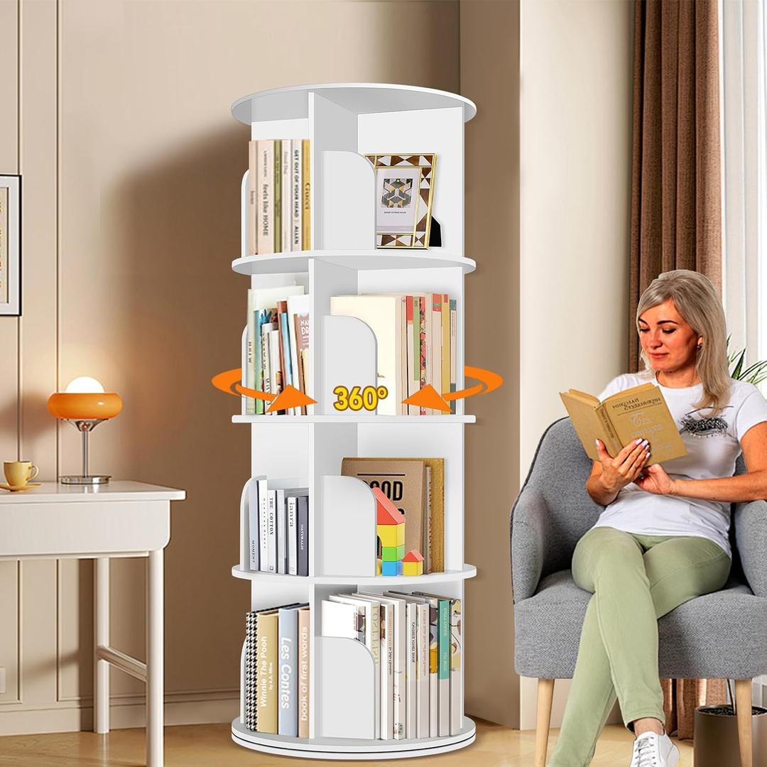 RUNSUNSPRI 4 Tier Rotating Bookshelf Tower, Spinning Bookshelf, Revolving 360 Bookcase Storage Round Carousel, Vertical Rotate Turning Spiral Corner Organizer Lazy Susan, White