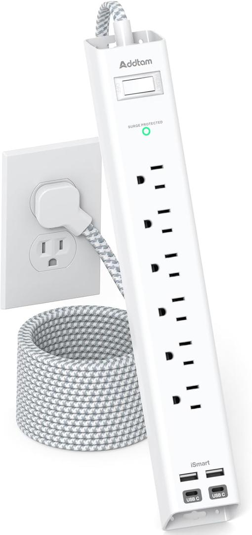 Extension Cord 10 ft - Long Power Strip Surge Protector, 6 AC Outlet 4 USB (2 USB C), Flat Plug, Wall Mount, Multi Plug Outlet Extender Desk Charging Station for Home Office Dorm Room Essentials (White & Grey)