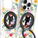 Loheckle for iPhone 15 Pro Case with Stand- Compatible with MagSafe Women Girls Cute Clear Girly Aesthetic Unique Design Soft TPU Magnetic Ring Phone Cover for Apple 15 Pro, Cat Flower