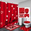 Drydiet 4 Pcs Valentine's Day Shower Curtain Set, Non Slip Rugs Toilet Lid Cover U Shape Bath Mat and 12 Hooks Love Heart Shape Red Bathroom Supplies for Valentines Accessories Decor Set