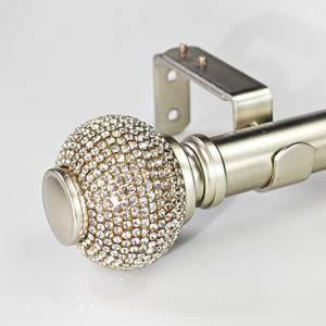 1-1/8 Inch Diameter Brushed Silver Curtain Rod with Rhinestone Finials, 36-72'' Telescoping Single Curtain Rods for window width 24-68 inch, 1 pack