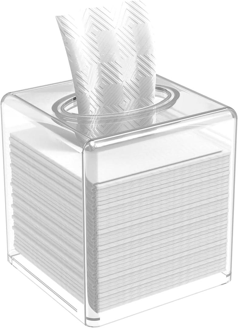 Clear Acrylic Square Facial Tissue Box Holder with Cover Modern Tissue Dispenser, Cover Napkin Organizer for Dryer Sheets, Bathroom, Desks, Countertop, Vanity, Bedroom Dressers,Kitchen Office Room (5.1*5.1*5.4 Inch)