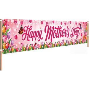 Mothers Day Decorations, Happy Mothers Day Banner, Large Size Pink Floral Design with Butterflies Mother's Day Outdoor Decorations, 118 x 20 Inch