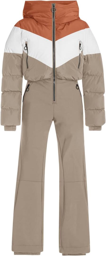 Fisoew Womens One Piece Ski Suit Warm Waterproof Snowsuits Winter Snow Jumpsuits Outdoor Sports Outerwear (Large, Camel)