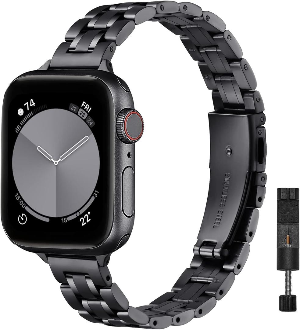 STIROLL Thin Replacement Band Compatible for Apple Watch 38mm 40mm 41mm 42mm(Series 10), Stainless Steel Metal Wristband Women for iWatch Ultra SE Series 9 8 7 6 5 4 3 2, Black