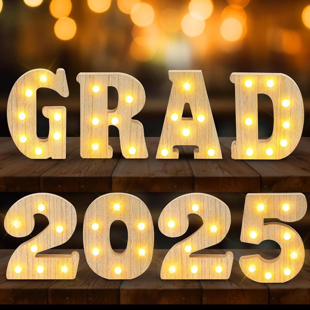 Fovths 2025 Graduation Decorations 8 Piece LED Light up Letters Grad Sign Class of 2025 Graduation Table Centerpieces Decor Wooden Marquee Letters Sign for High School College Party Favor