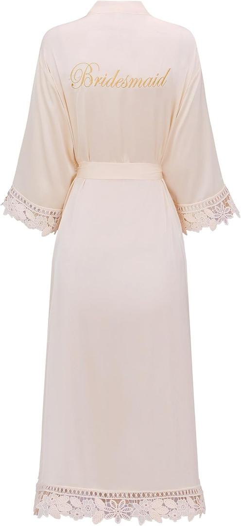 Women's Lace Trim Long Satin Kimono Bridal Robes for Bride and Bridesmaid - Wedding Gifts (Beige)