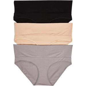Motherhood Maternity Women's 3 Pack Maternity Panties  Foldover and Bikini Style Underwear for Pregnancy (Medium, Black, Nude, Flat Grey/Multi Pack)