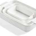 Sweejar Ceramic Baking Dish Set, Cake Baking Dish for Brownie, Porcelain Striped Casserole Dishes for Oven with Handle for Lasagna, Family Dinner (White) Set of 3