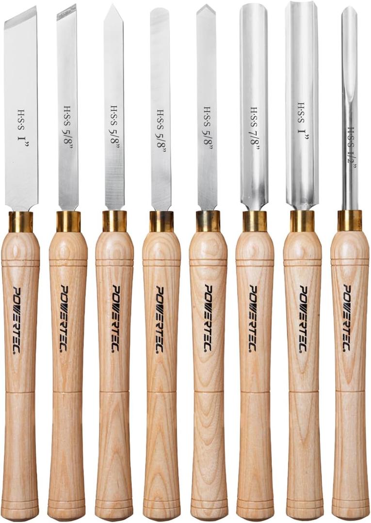 POWERTEC 8 Pcs Wood Lathe Chisel Set, HSS Steel Blades Wood Lathe Tools | Spindle Gouge, 2 Pcs Roughing Gouge, Spear Scraper, Round Nose Scraper, Parting Tool, 2 Pcs Skew Chisel (71824)