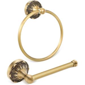 2 Pieces Set Antique Brass Toilet Paper Holder Retro Brass Hand Towel Ring Tissue Roll Paper Hanger Bathroom Hardware Wall Mounted Vintage Bathroom Accessories (Round)