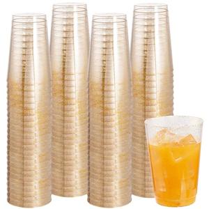 I00000 100 Pack 12 oz Gold Glitter Cups, Clear Disposable Cups, Gold Plastic Wine Glasses Cocktail Glasses Heavy Duty Cups, 12 Ounce Glitter Plastic Tumblers for Party
