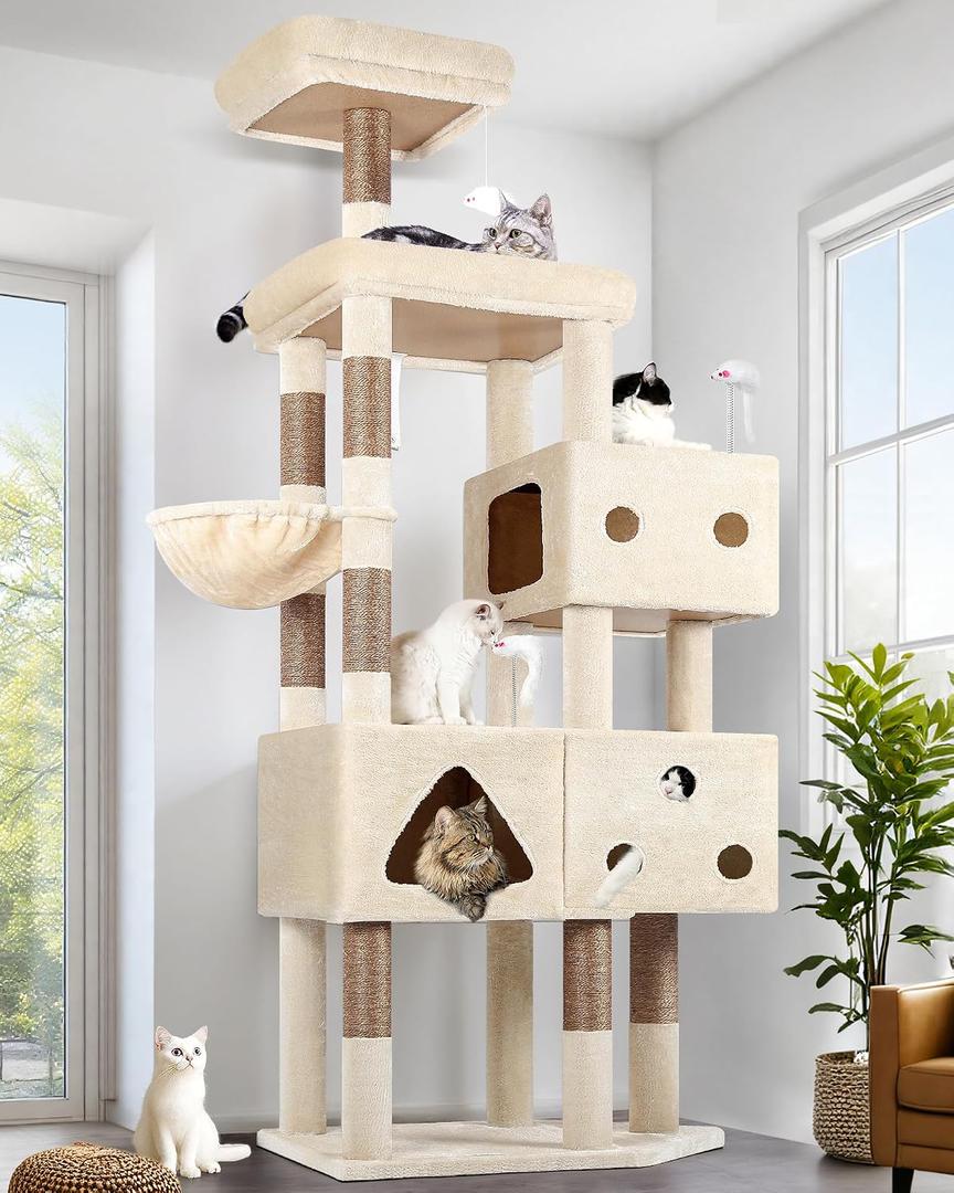 Globlazer Extra Large Cat Tower, 81-inch Tall Cat Tree for Big Cats 20 lbs, XXL Heavy Duty Cat Scratching Tower for Indoor Adult Cats with 3 Cat Condos, 8 Scratching Posts, F81, Beige
