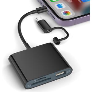 SD Card Reader for iPhone, Memory Card Reader with USB-C to Lightning Adapter Plug and Play Trail Game Camera Micro SD Card Viewer Support SD/TF Card and USB for iPad No App Required (Black)