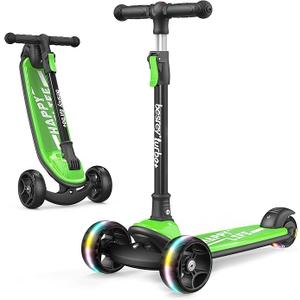 Besrey Kick Scooter for Kids Ages 3-10, 3-Wheel Folding Scooter with Adjustable Height, LED Light Wheels, Extra Wide Deck for Outdoor Activities (Blue)