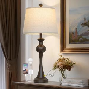 Brown Touch Table Lamps,28.75" Tall Bedside Lamps with USB C+A Ports, 3-Way Dimmable Table Lamp, Nightstand Lamps for Bedroom, Living RoomBrown Lamps with Beige Lampshade, Bulb Included