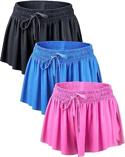 Didaey 3 Pcs Flowy Running Shorts for Women 2 in 1 Butterfly Shorts with Pockets Spandex Liner Athletic Workout