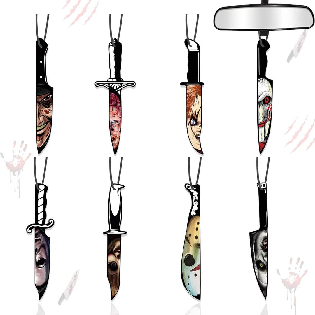 Car Air Fresheners Horror Movie Merchandise Gifts Halloween Tree Decoration Indoor 8PCS, Mirror Hanging Ornament Knife Classic Character Accessory for Men Women Lover Blk Ice Scent