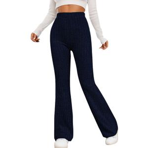 Women Flare Leggings Yoga Pants High-Waisted Casual Lounge Pants Ribbed Comfy Leggings (Small, Blue)
