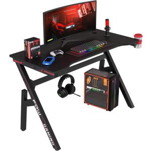BestOffice Gaming Desk Computer Desk 47 Inch Home Office Desk Extra Large Modern Ergonomic Black PC Carbon Fiber Table Gamer Workstation with Cup Holder Headphone Hook (Red)