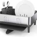 simplehuman Compact Dish Drying Rack with Stainless Steel Frame, 360 Easy Drain Swivel Spout, Utensil Holder, Anti-Residue Coating, Moisture Control Surface, Grey