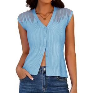 DRESSTELLS Summer Vest Tops for Women 2025 Sweater Vests Button Up Tank Top Y2K Caual Business Knit Shirts (Blue, M)