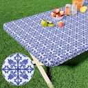 misaya Rectangle Vinyl Table Cloth, Elastic Fitted Flannel Backed Tablecloth, 100% Waterproof Plastic Table Cover Fits Folding Tables for Picnic, Camping, Outdoor (Blue, 36" x 60")