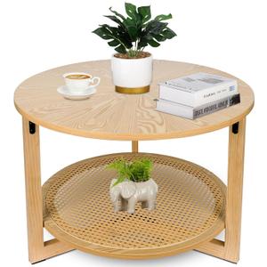 ZYBT Rattan Coffee Tables for Living Room, Small Coffee Table for Small Spaces, Round Coffee Table with Storage, Wooden Circle Center Tea Table (Natural)