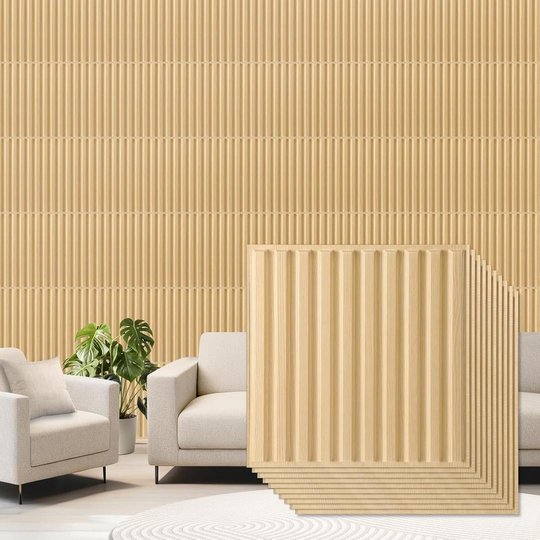 33 Pcs 3D PVC Slat Wall Panels 12X12in Fluted Textured Paneling Modern Decorative Tiles Cuttable Paintable DIY Wall Art for Interior Decor, Bedroom, Farmhouse, Ceiling, TV Background (Oak)