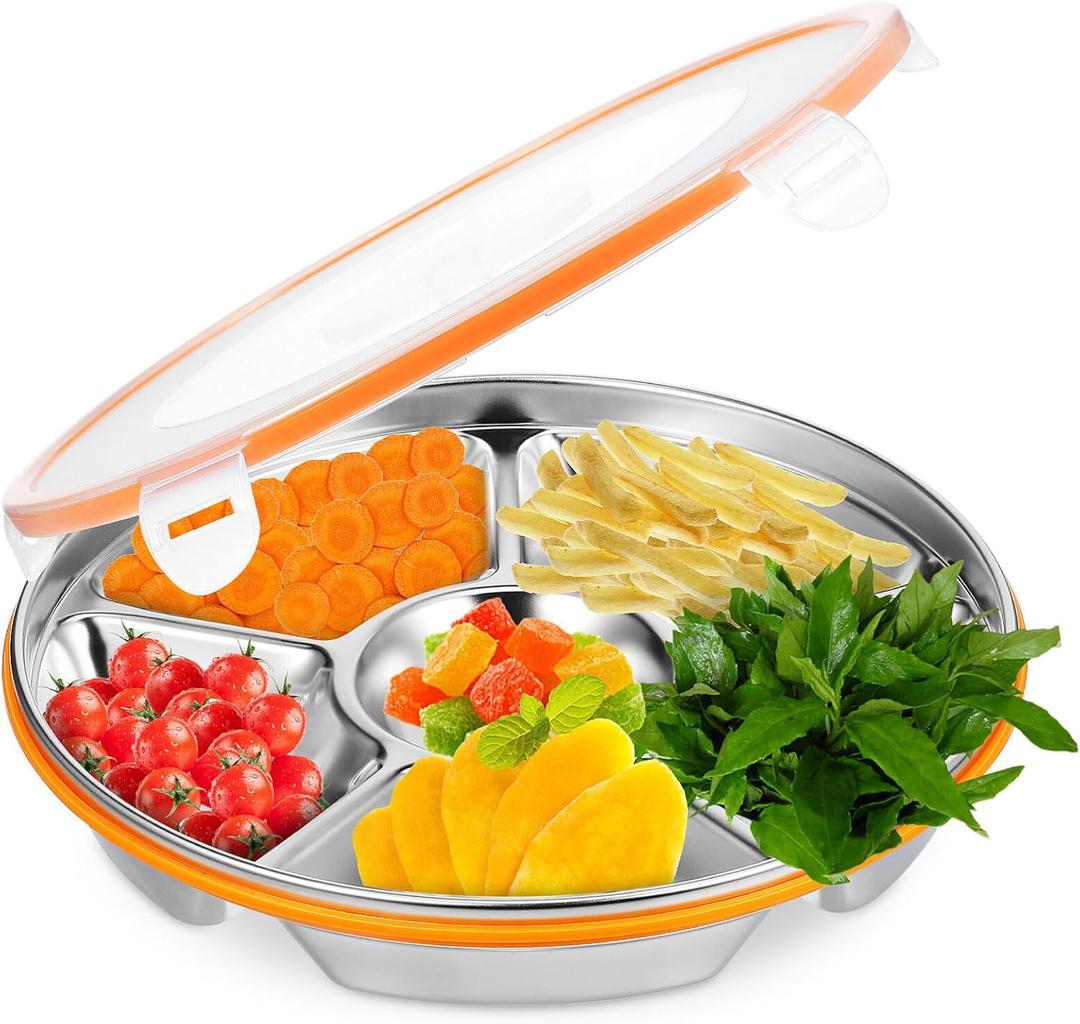 Luxshiny Divided Serving Tray with Lid 6 Compartments Stainless Steel Snack Tray Vegetable Fruit Platter for Family Gatherings Picnics and Office Lunches