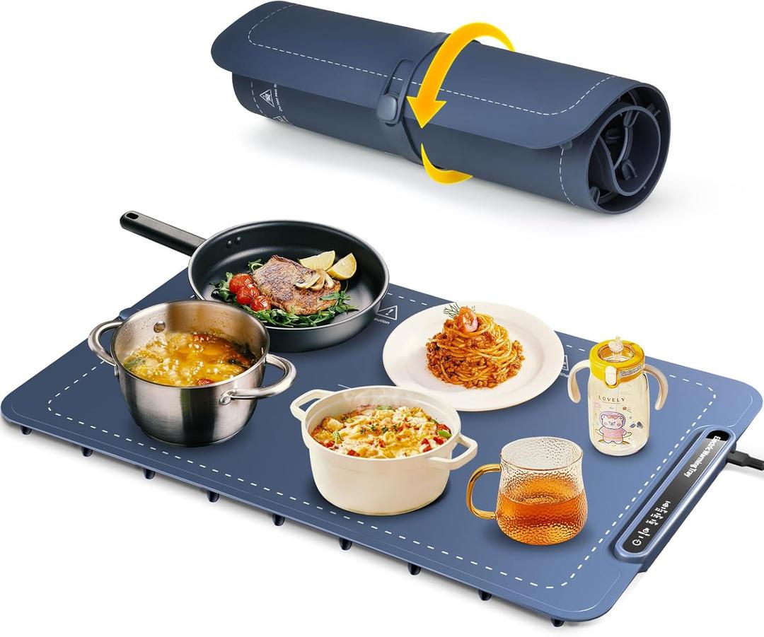Food Warming Mat, Full Surface Heating Silicone Electric Warming Tray with 3 Level Temperature Settings, Auto Shut-Off, Foldable Roll Up Food Warmer for Parties Buffets, Gatherings