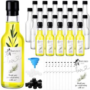 30 Sets 5 oz Olive Oil Glass Bottles with Lids Heat Shrink Cap Stickers and Funnels Clear Olive Oil Woozy Bottle Mini Hot Sauce Glass for Wedding Party Guest Shower Favors Crafts Home Decor