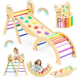 Pikler Triangle Set, 9-in-1 Montessori Climbing Toy for Toddlers, Foldable Wooden Indoor Jungle Gym & Playground Climber for Learning and Motor Skills (18 Months7 Years) (Rainbow)