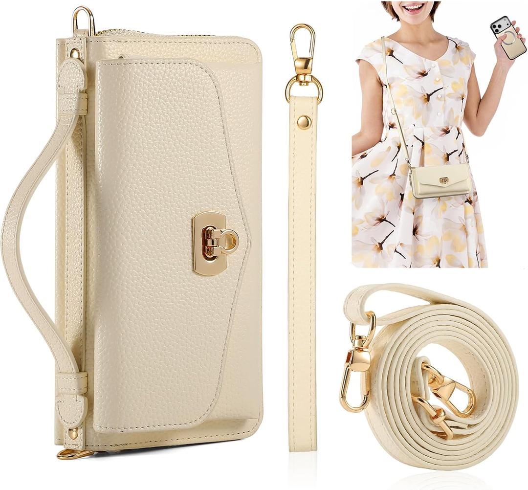 Crossbody Wallet Case for iPhone 17 Pro Max 6.9", Magnetic Detachable PU Leather Phone Case with RFID Blocking Card Holder Wristlet Mirror Flip Zipper Shoulder Purse for Women - Off-White