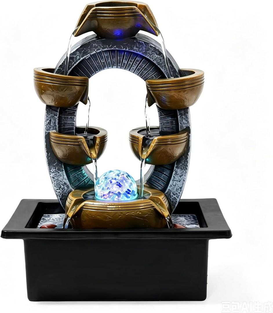 Desktop Water Fountain Indoor:6 Tier Cascading Waterfall with Spinning Orb & Chasing LED Lights, Small Zen Stone Fountain for Office Desk Bedroom Nightstand Relaxation, 13 Inch Tabletop Decor