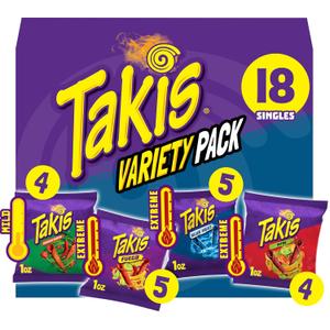 Takis 18 pc / 1 oz Variety Pack, Assorted Flavored Mixed Rolled Tortilla Chips (5) Fuego, (5) Blue Heat, (4) Nitro, (4) Crunchy Fajitas (EXP 02/04/27)