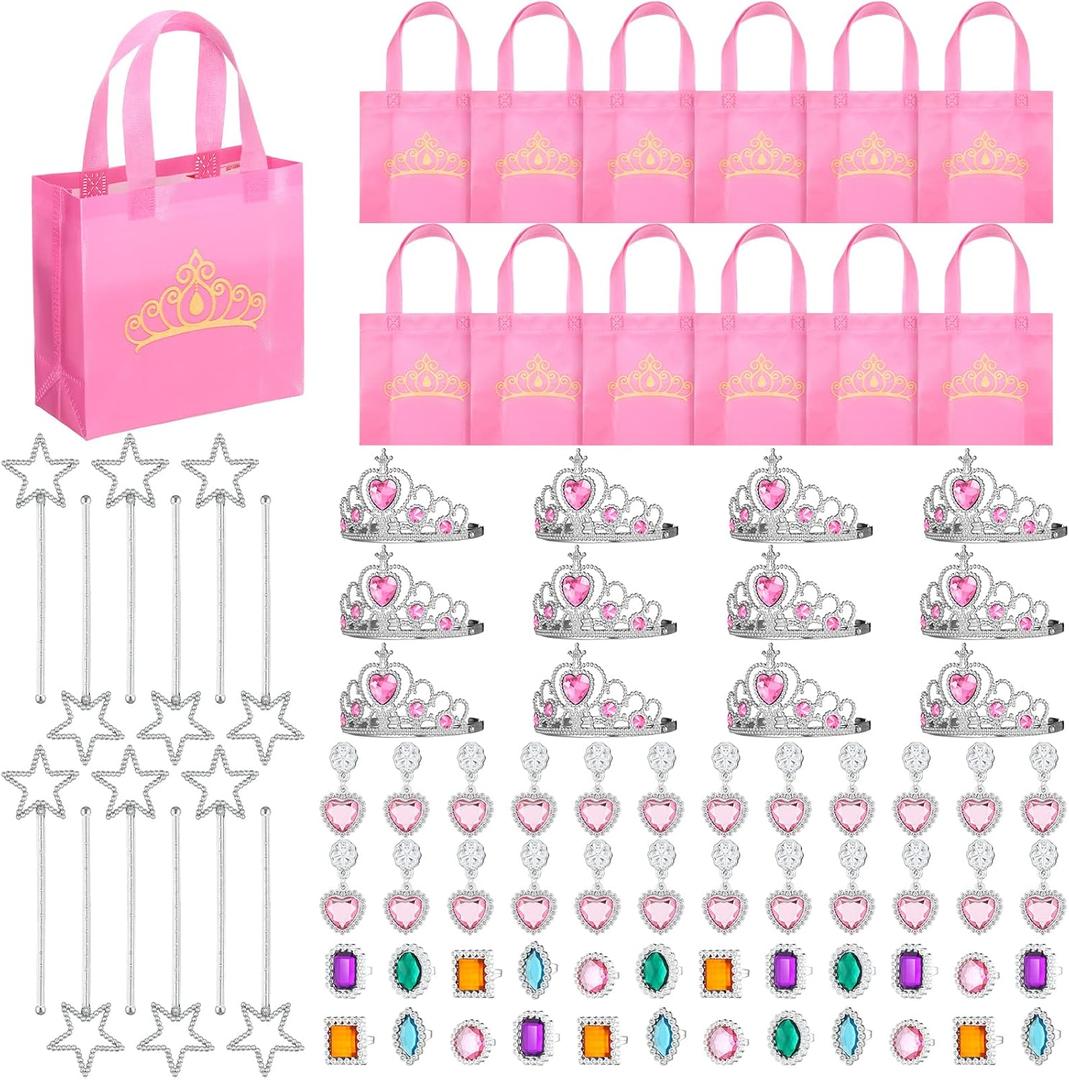 Hungdao 72 Pcs Princess Party Favor for Girls Christmas Goodie Bags Gift for Princess Birthday Pretend Jewelry Toys Bulk Includes Goodie Bags, Crowns and Tiaras, Rings, Earrings Wands for Xmas Decor