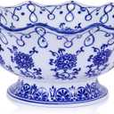 9.4in Blue and White Ceramic Fruit Bowl, Porcelain Decoration Bowl, Fruit Serving Plate,Storage Bowl,Decorative Pedestal Bowl for Table Countertop,Kitchen Island Centerpiece, Home Dining Dcor