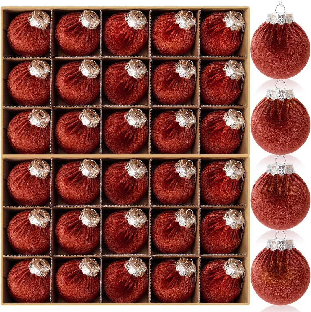 30Pcs Red Brown Velvet Christmas Balls, 2.36 Inch Velvet Ornaments for Christmas Tree, Shatterproof Plastic Hanging Baubles Ball Xmas Bulbs Christmas Decorations for Home Office Party Indoor