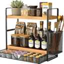 2 Tier Spice Rack Organizer for Countertop with Drawer and Basket, Suitable for Coffee Organizer, Kitchen Counter Storage, Bathroom Storage