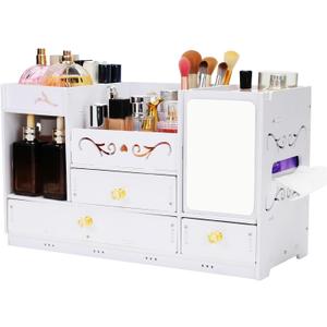 Wooden Makeup Organizer for Vanity - Large White Countertop Organizer with Mirror, 3 Drawers & Brush Holder | Cosmetic & Skincare Storage Desk Organizer for Dorm, Bathroom