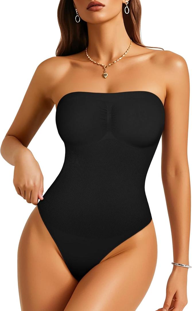 Irisnaya Strapless Shapewear Bodysuit for Women - Thong Bodysuit Tummy Control Tube Top Body Suits with Removable Strap (Small, Black)